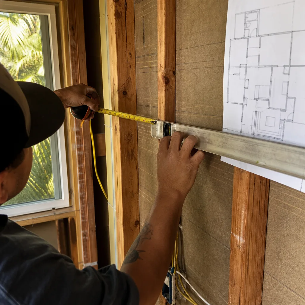 General contractor measuring wall studs for construction project