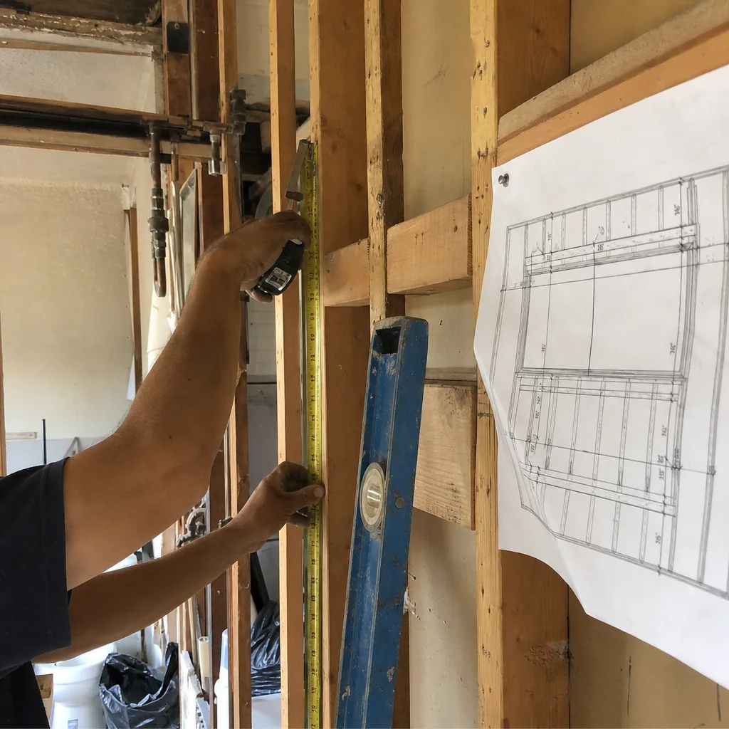 General contractor measuring wall studs with tape measure and blueprints