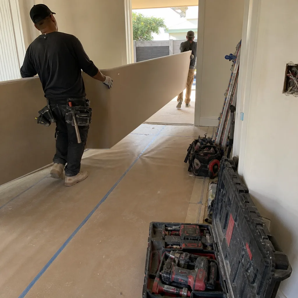 General contractors carrying a large drywall sheet on a construction site