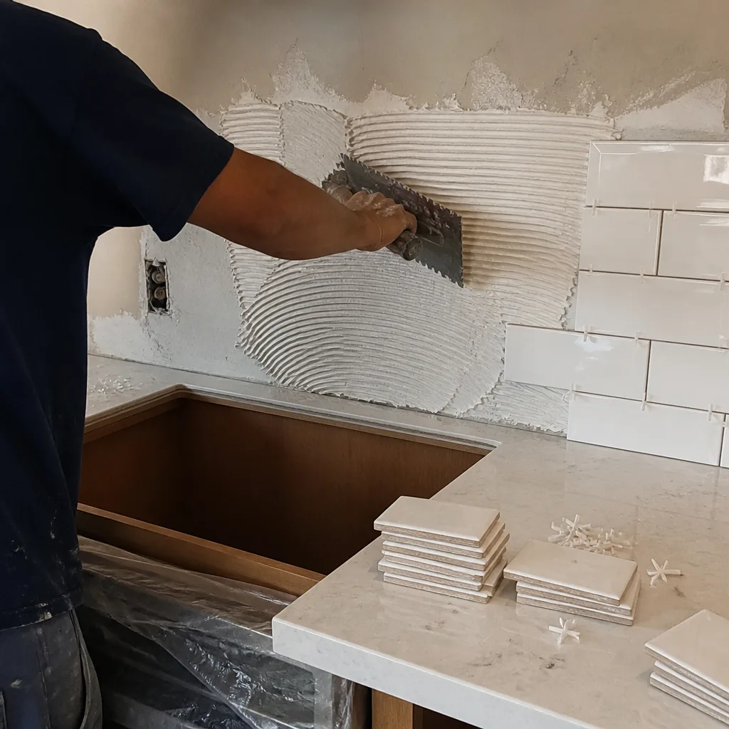 Contractor applying mortar for kitchen backsplash tile installation