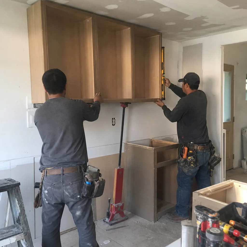 Two professional contractors installing custom kitchen cabinets in a home renovation project